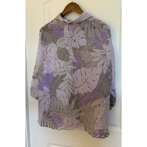 Alfred Dunner Womens 18W Floral Sheer Button Front Blouse Purple Taupe Easter - Picture 4 of 11